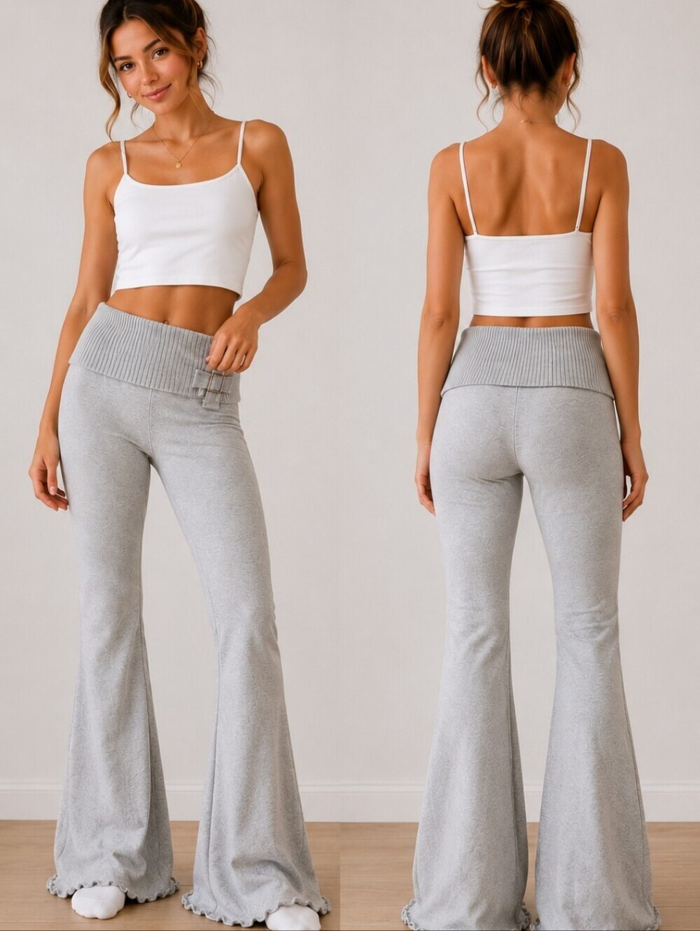 Vintage Y2K Gray Knit Lounge Pants Buckle Waist Flare Leg Skims Vibe Size L